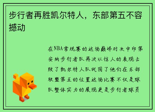 步行者再胜凯尔特人，东部第五不容撼动
